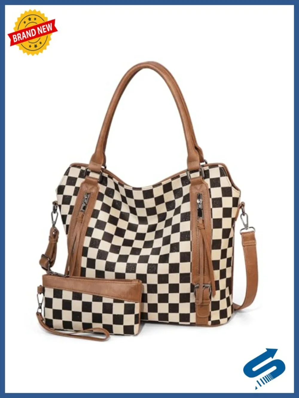 Women's Large Checkered Tote Bag Hobo Shoulder Handbag PU Leather Canvas
